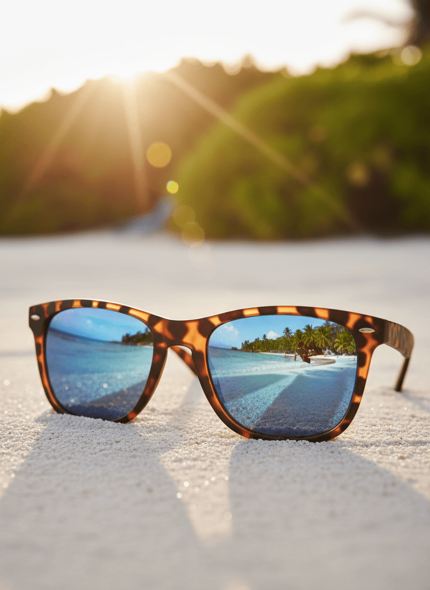 Óculos de sol SUNNE na praia com reflexo do mar